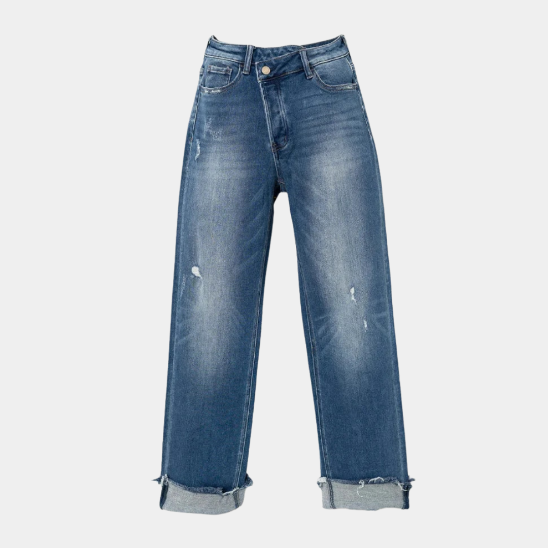 casual washed blue denim straight long pants