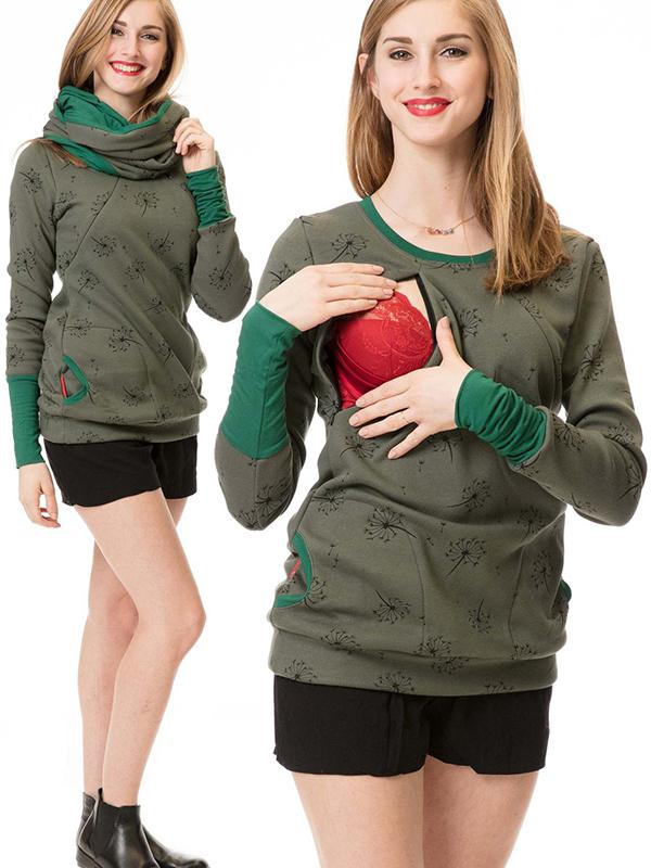 Heidi-Mode Maternity Chaps, Nurse Sweatshirts, Floral Print, Pockets, Zipper, Nursing Clothing