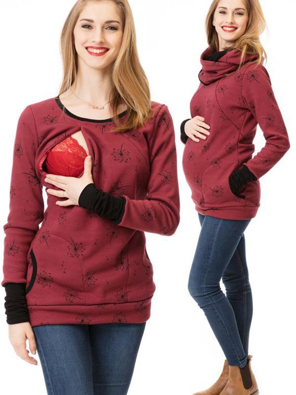 Heidi-Mode Maternity Chaps, Nurse Sweatshirts, Floral Print, Pockets, Zipper, Nursing Clothing