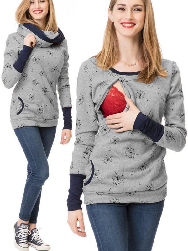 Heidi-Mode Maternity Chaps, Nurse Sweatshirts, Floral Print, Pockets, Zipper, Nursing Clothing
