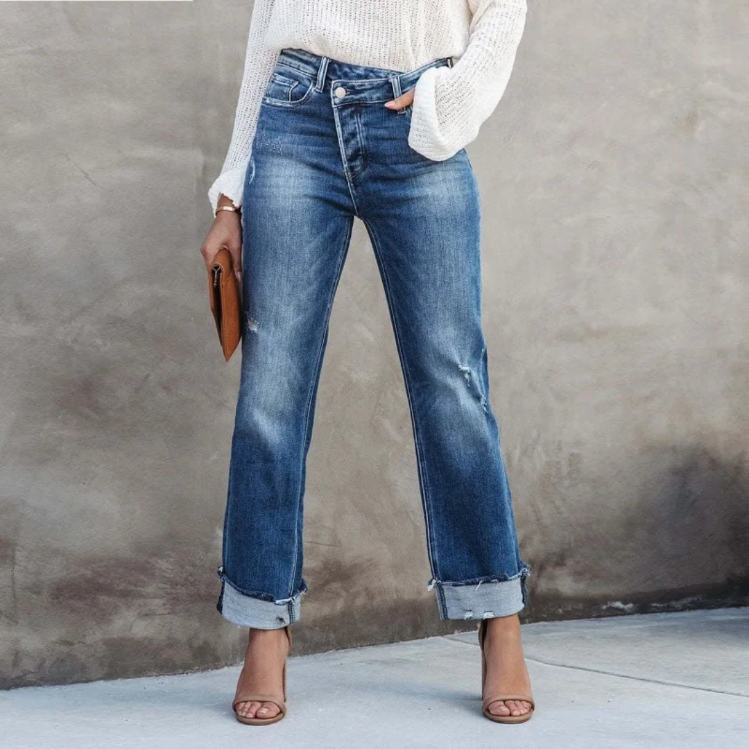 casual washed blue denim straight long pants