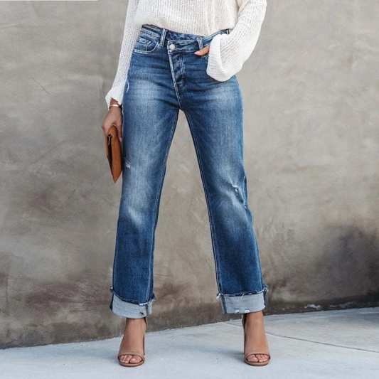 casual washed blue denim straight long pants