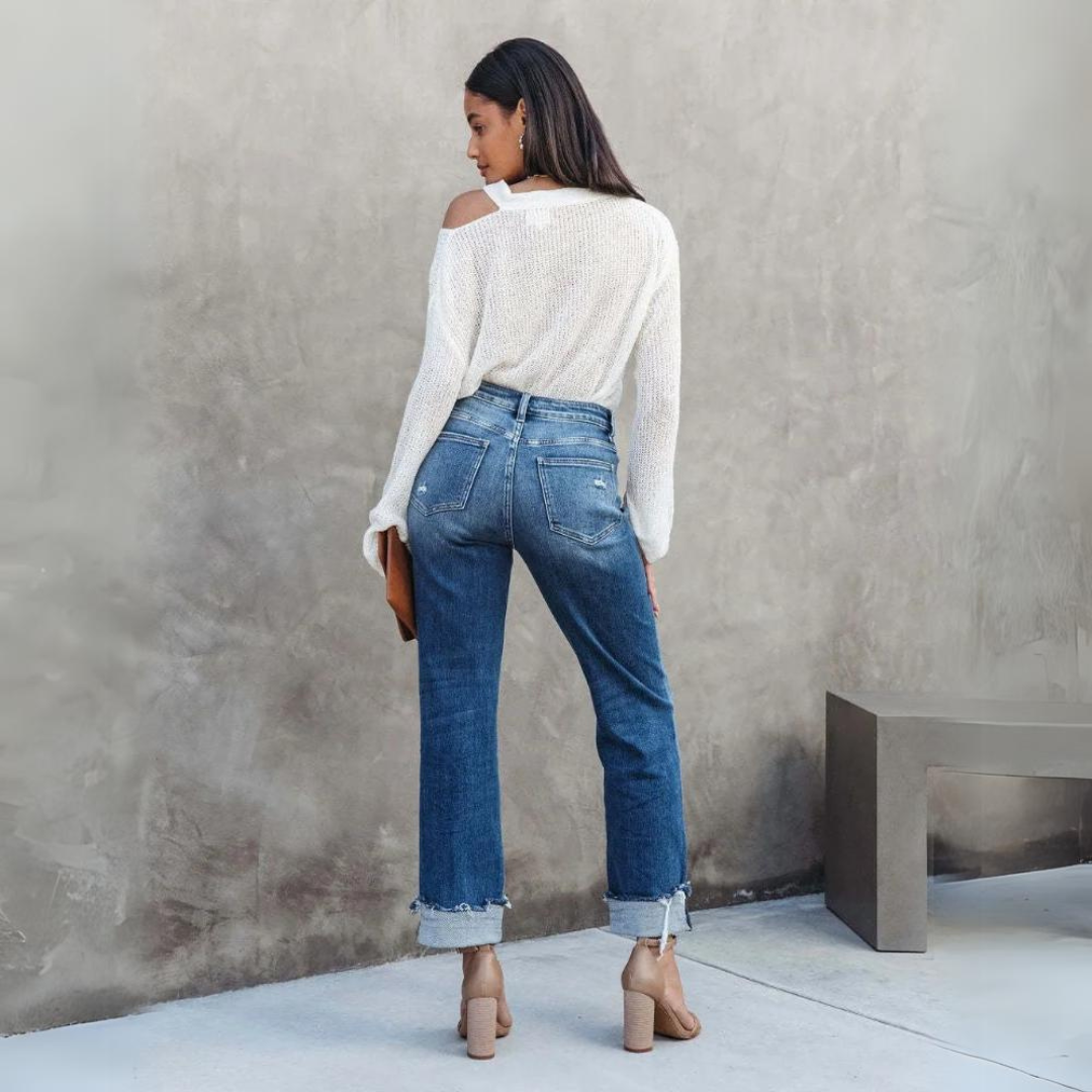 casual washed blue denim straight long pants