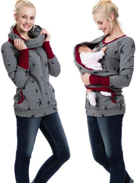 Heidi-Mode Maternity Chaps, Nurse Sweatshirts, Floral Print, Pockets, Zipper, Nursing Clothing
