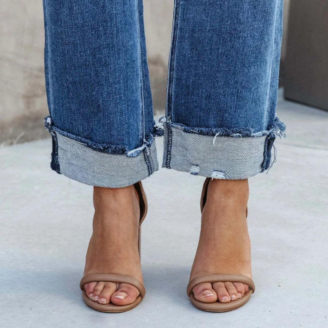 casual washed blue denim straight long pants